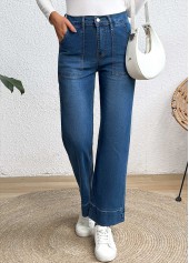 Pocket Denim Blue Wide Leg Button Fly Jeans