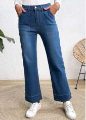 Pocket Denim Blue Wide Leg Button Fly Jeans