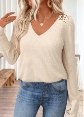 Tummy Coverage Beige Long Sleeve V Neck T Shirt