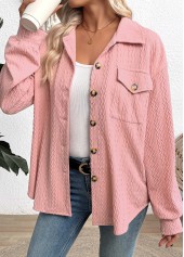 Curved Hem Pink Long Sleeve Turn Down Collar Shirt