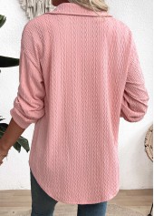 Curved Hem Pink Long Sleeve Turn Down Collar Shirt