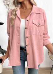 Curved Hem Pink Long Sleeve Turn Down Collar Shirt
