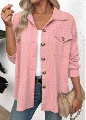 Curved Hem Pink Long Sleeve Turn Down Collar Shirt