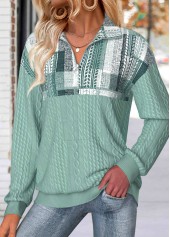 Geometric Print Tummy Coverage Sage Green Long Sleeve Sweatshirt