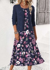 Floral Print Tummy Coverage Navy Dress and Cardigan