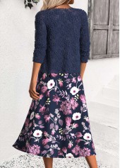 Floral Print Tummy Coverage Navy Dress and Cardigan