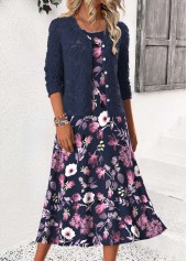 Floral Print Tummy Coverage Navy Dress and Cardigan