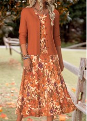 Random Floral Print Tummy Coverage Orange Dress and Cardigan