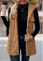 Button Dark Camel Sleeveless Hooded Waistcoat