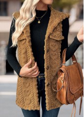 Button Dark Camel Sleeveless Hooded Waistcoat