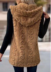 Button Dark Camel Sleeveless Hooded Waistcoat