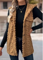 Button Dark Camel Sleeveless Hooded Waistcoat