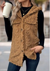 Button Dark Camel Sleeveless Hooded Waistcoat