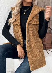 Button Dark Camel Sleeveless Hooded Waistcoat
