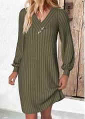 Olive Green A Line Long Sleeve V Neck Dress