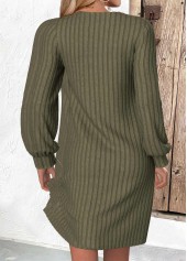 Olive Green A Line Long Sleeve V Neck Dress
