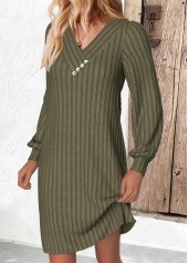 Olive Green A Line Long Sleeve V Neck Dress