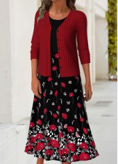 Floral Print Tummy Coverage Red Dress and Cardigan