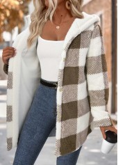 Plaid Tummy Coverage Gray Brown Long Sleeve Hooded Coat