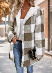 Plaid Tummy Coverage Gray Brown Long Sleeve Hooded Coat
