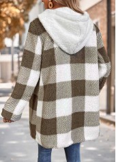 Plaid Tummy Coverage Gray Brown Long Sleeve Hooded Coat
