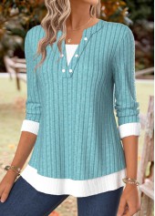 Tummy Coverage Turquoise Long Sleeve Split Neck T Shirt