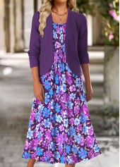 Floral Print Tummy Coverage Purple Dress and Cardigan