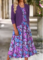 Floral Print Tummy Coverage Purple Dress and Cardigan