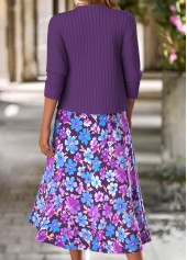 Floral Print Tummy Coverage Purple Dress and Cardigan