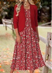 Floral Print Tummy Coverage Wine Red Dress and Cardigan