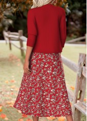 Floral Print Tummy Coverage Wine Red Dress and Cardigan