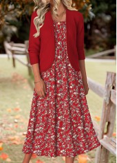 Floral Print Tummy Coverage Wine Red Dress and Cardigan