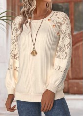 Tummy Coverage Beige Long Sleeve Round Neck Sweatshirt