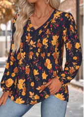 Floral Print Tummy Coverage Multi Color Long Sleeve Blouse