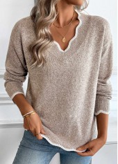 Tummy Coverage Light Camel Long Sleeve V Neck Sweater