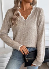 Tummy Coverage Light Camel Long Sleeve V Neck Sweater