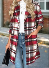 Plaid Tummy Coverage Red Long Sleeve Lapel Coat
