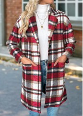 Plaid Tummy Coverage Red Long Sleeve Lapel Coat