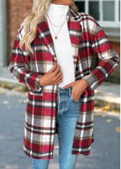 Plaid Tummy Coverage Red Long Sleeve Lapel Coat