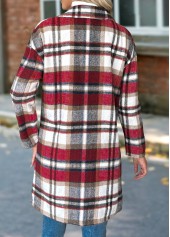 Plaid Tummy Coverage Red Long Sleeve Lapel Coat