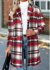 Plaid Tummy Coverage Red Long Sleeve Lapel Coat