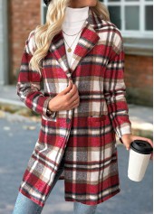 Plaid Tummy Coverage Red Long Sleeve Lapel Coat