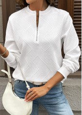 Zipper White Long Sleeve Round Neck Sweatshirt
