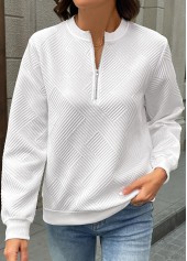 Zipper White Long Sleeve Round Neck Sweatshirt