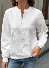 Zipper White Long Sleeve Round Neck Sweatshirt