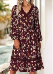 Floral Print Deep Red Long Sleeve V Neck Dress