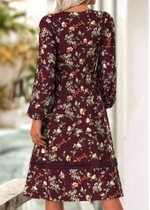 Floral Print Deep Red Long Sleeve V Neck Dress