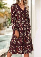 Floral Print Deep Red Long Sleeve V Neck Dress