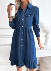 Tummy Coverage Denim Blue Long Sleeve Shirt Collar Dress