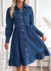 Tummy Coverage Denim Blue Long Sleeve Shirt Collar Dress